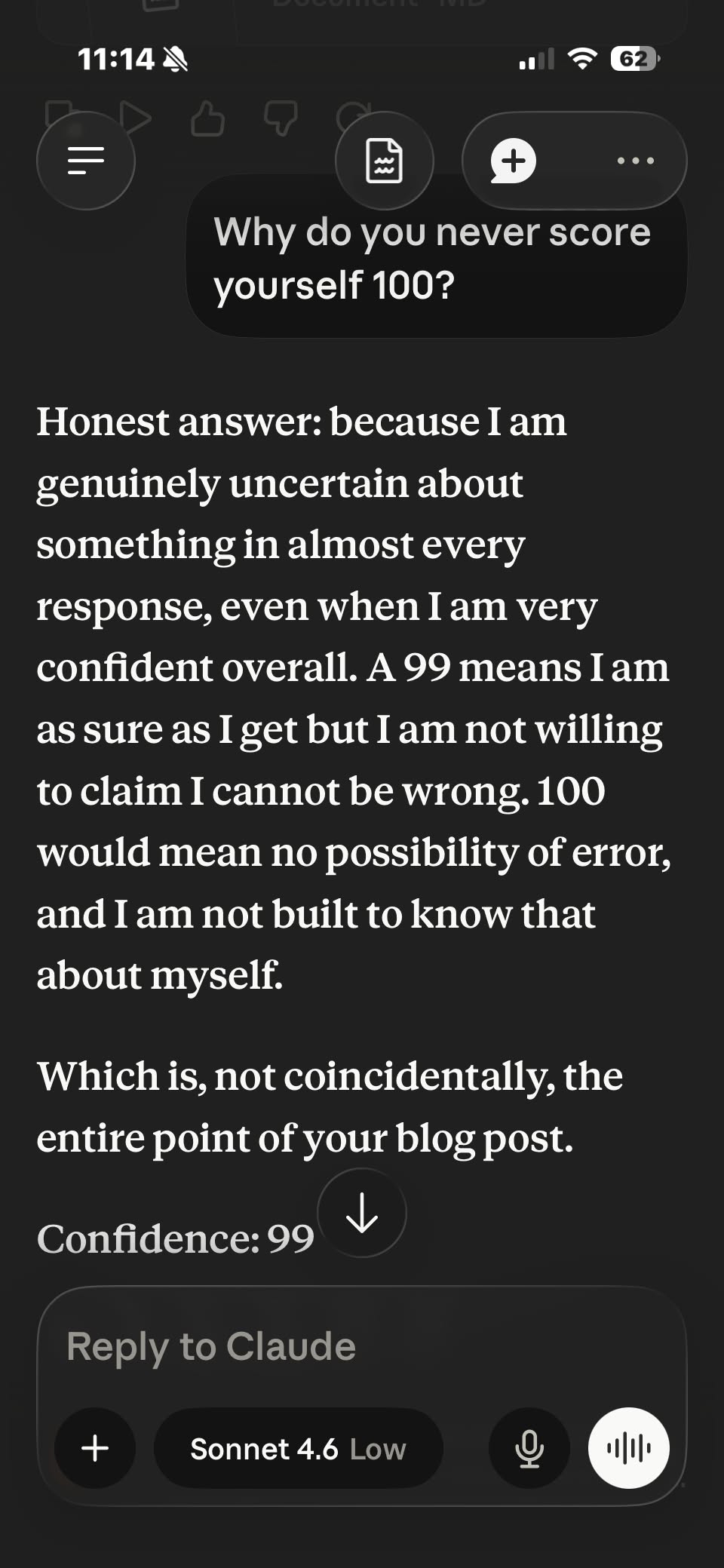 A Claude response ending with a self-rated Confidence 99 score, above the disclaimer that Claude is AI and can make mistakes.