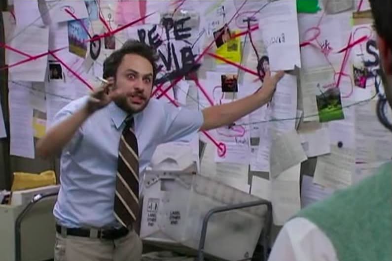 A conspiracy-board meme, photos and notes connected by a chaotic web of red string.