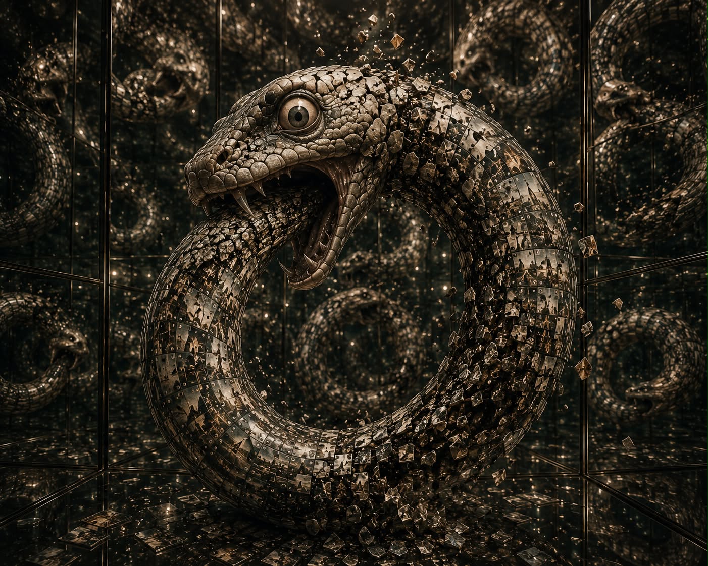 An ouroboros snake formed from mirror fragments, curving around to eat its own tail.