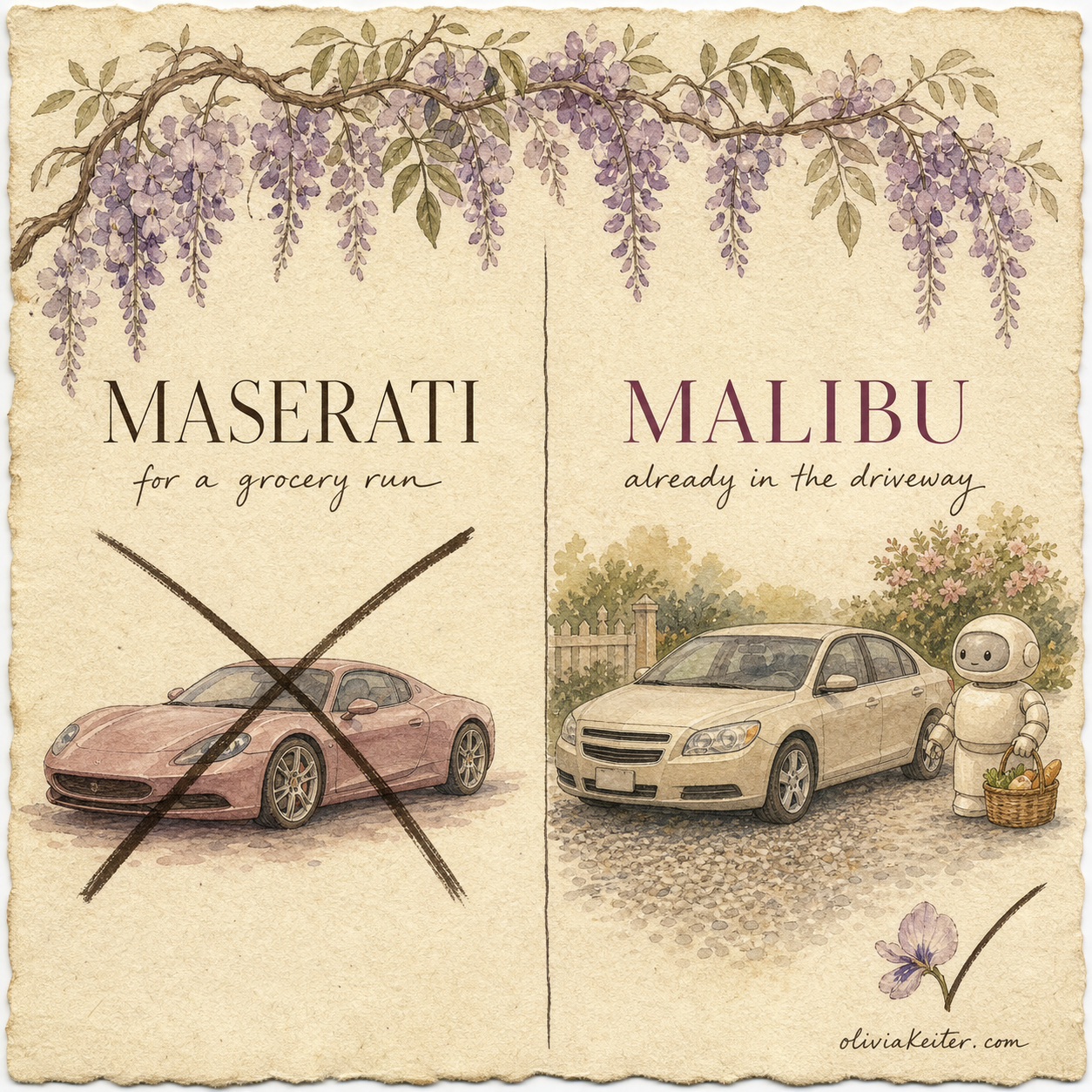 Watercolor comparison card. On the left, a Maserati crossed out with the caption "for a grocery run." On the right, a paid off Malibu in a driveway with a small friendly robot holding a grocery basket, captioned "already in the driveway," with a checkmark.