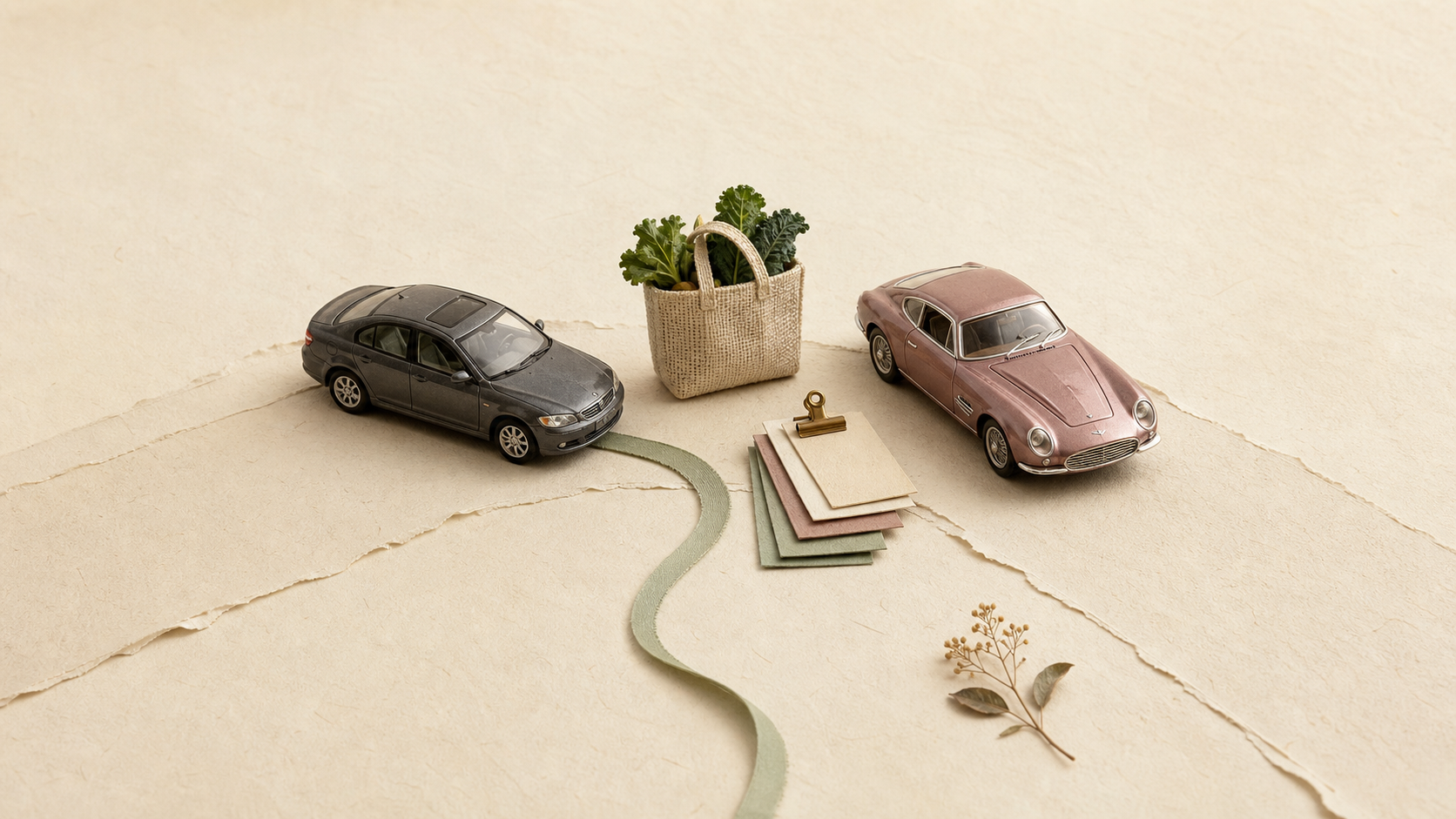 A sensible gray sedan and a glossy rose colored sports car parked on paper roads around a small grocery tote full of greens, with the sedan's road leading off toward the errand.