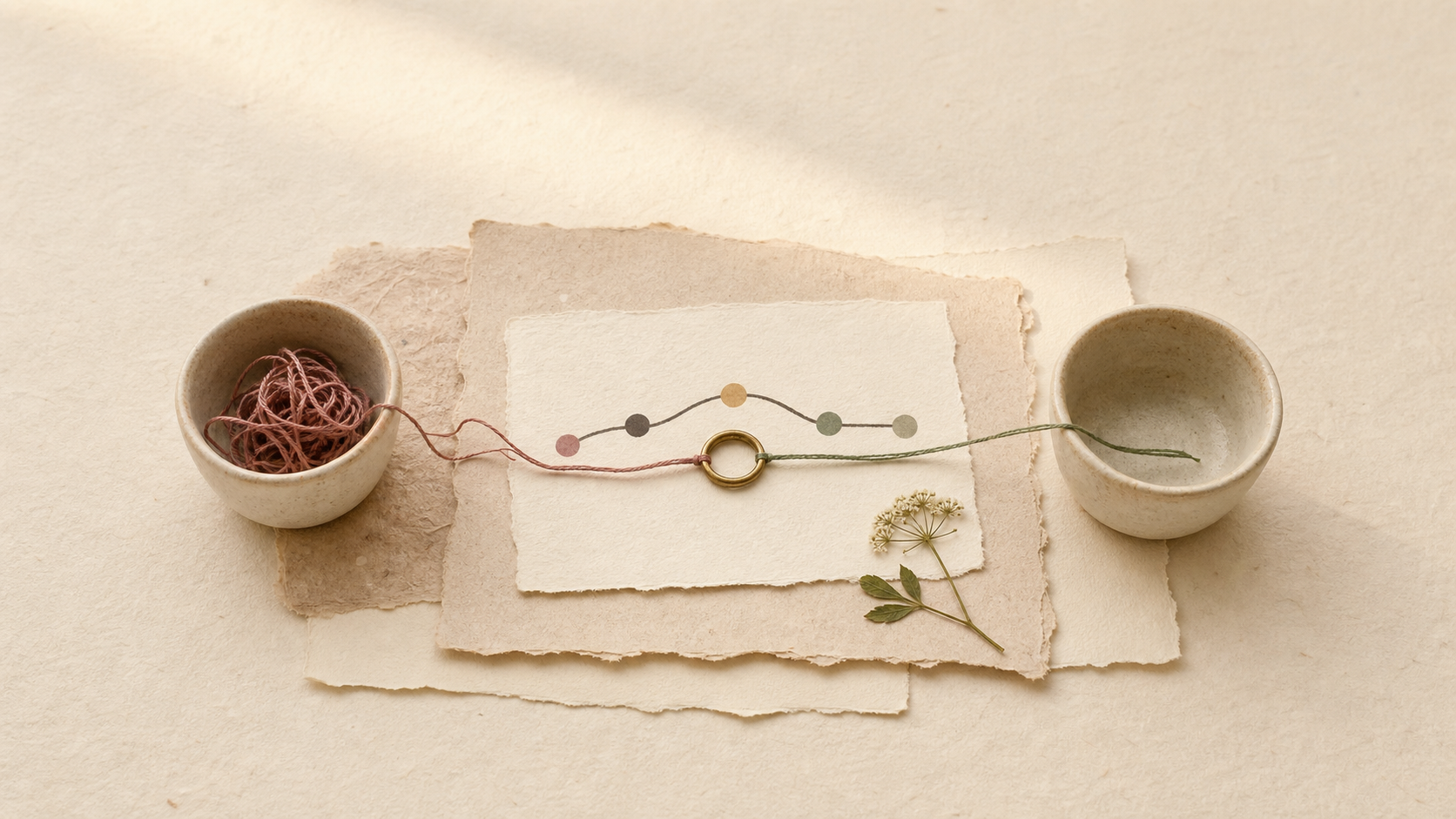 A tangled ball of rose colored thread in one small bowl, pulled through a brass ring over a simple dot chart, coming out the other side as a single smooth strand into an empty bowl.