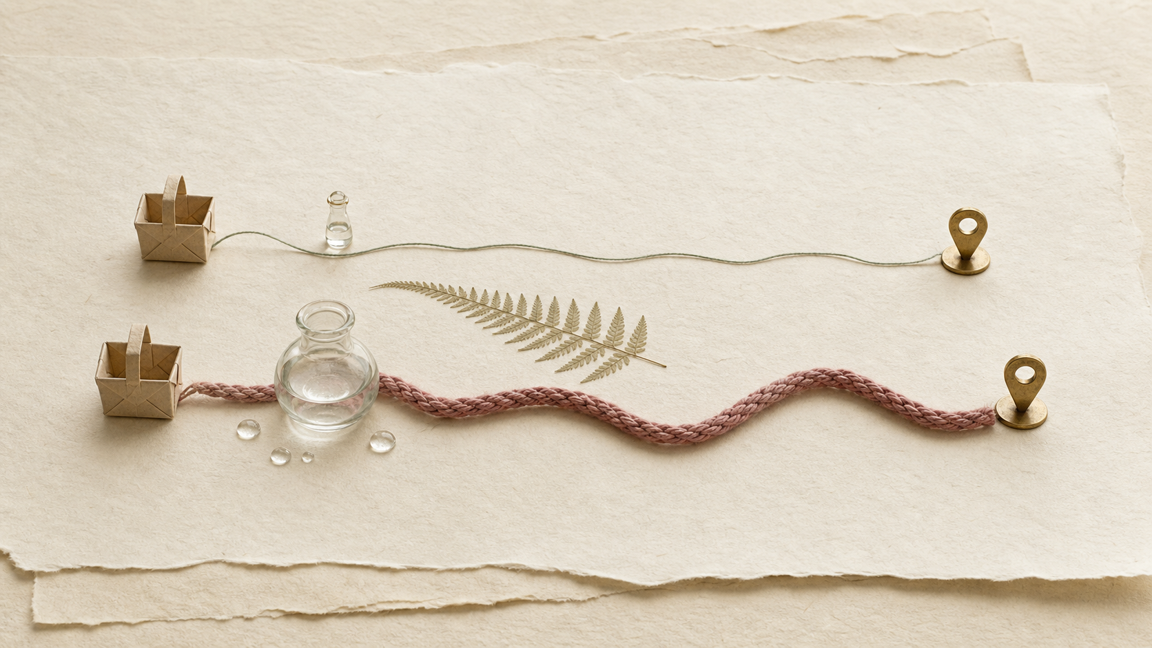 Two paths to the same destination pin. The top path is a single thin thread with one tiny droplet of water beside it. The bottom path is a thick braided rope with a full water jar and spilled droplets along the way.