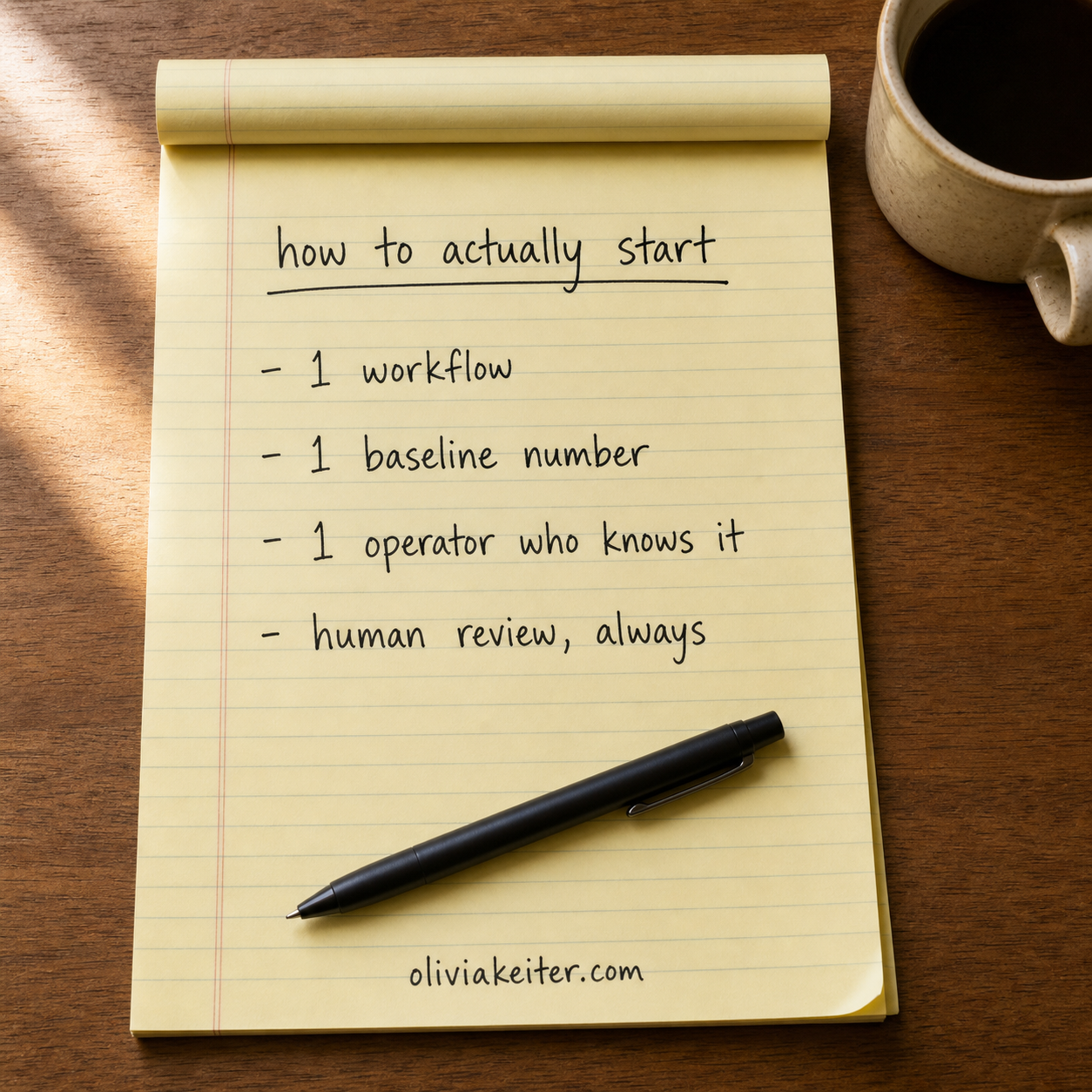 A yellow legal pad with a handwritten list titled how to actually start: 1 workflow, 1 baseline number, 1 operator who knows it, human review always. A pen rests on the pad next to a cup of coffee.