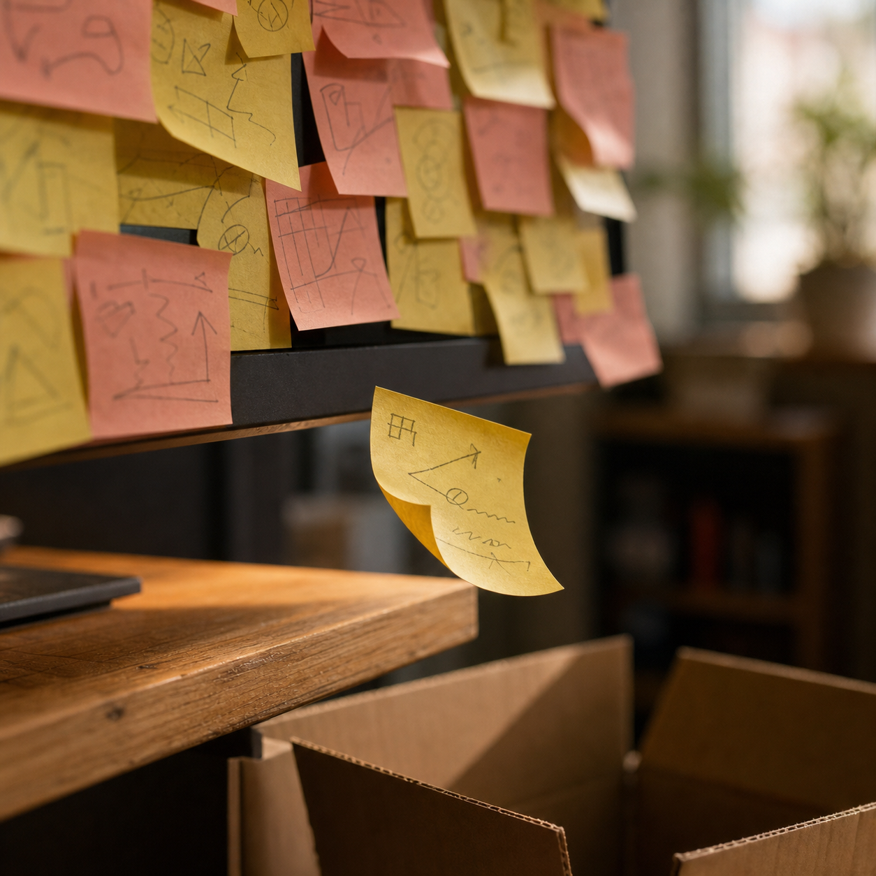 A wall of sticky notes covered in hand drawn workflow sketches above a desk, with one note peeling loose and falling toward open cardboard moving boxes.