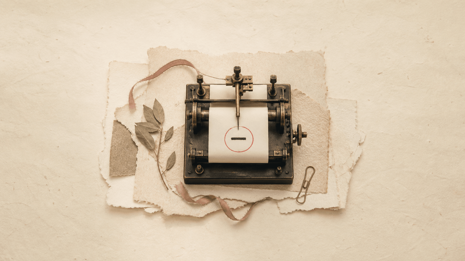 A sepia photograph of a vintage lie detector machine on layers of torn handmade paper, its readout showing a single em dash circled in red.