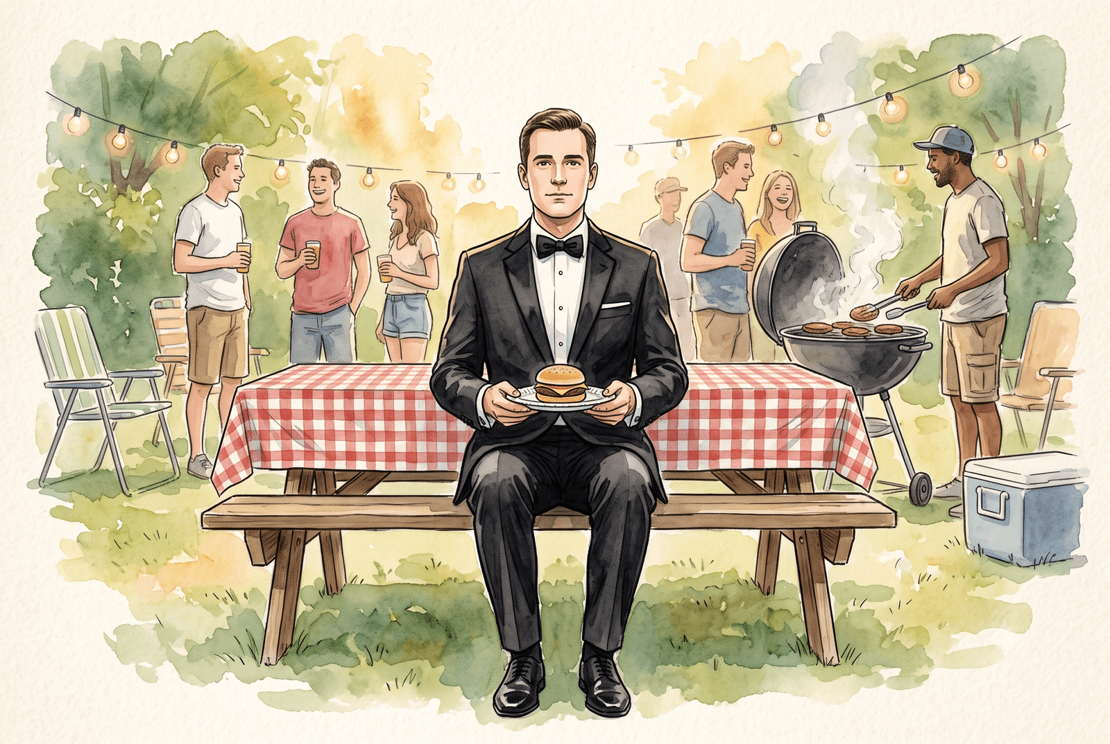 A watercolor illustration of a person in a full tuxedo sitting alone at a picnic table with a paper plate at a casual backyard cookout, visibly overdressed while everyone else wears t-shirts.