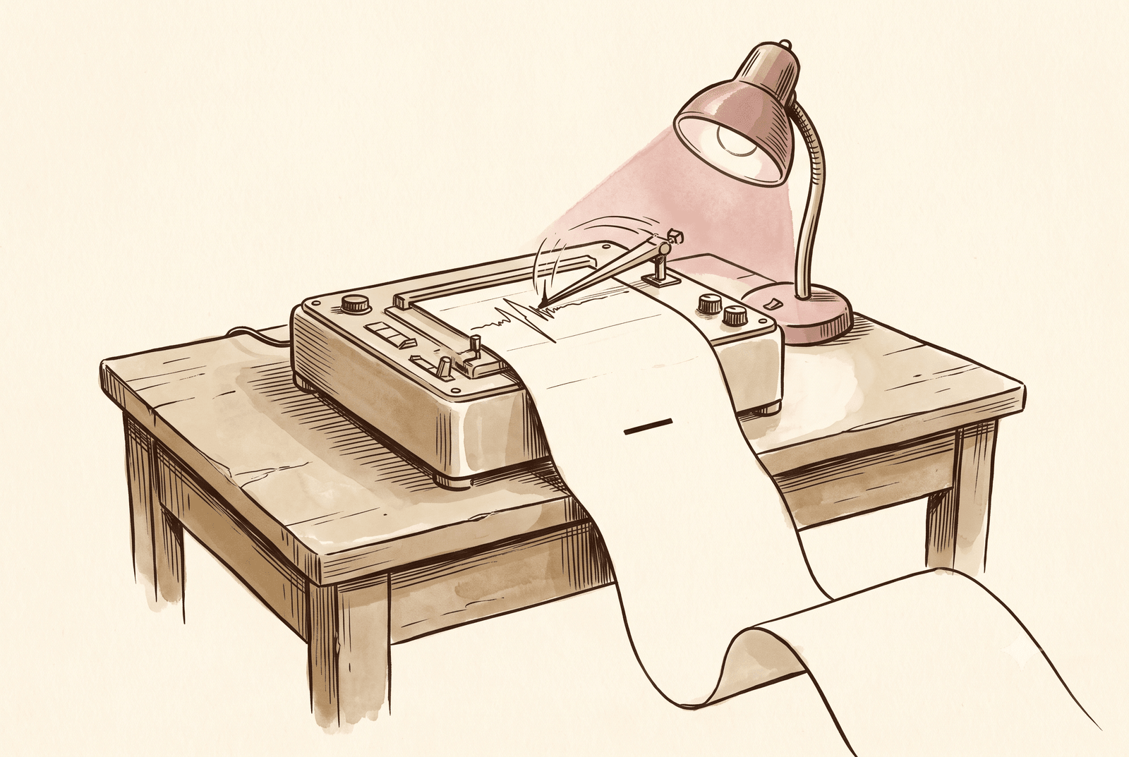 A watercolor illustration of a vintage lie detector under a desk lamp, its needle scratching wildly, and the only thing on the readout paper is a single em dash.