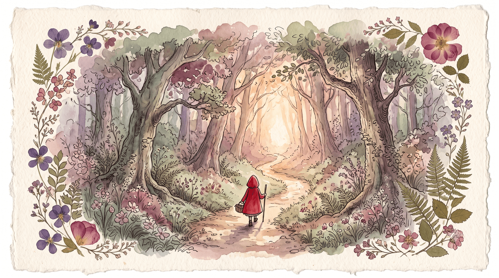 A watercolor illustration of Little Red Riding Hood walking a forest path toward warm light, framed by a border of pressed flowers and ferns.