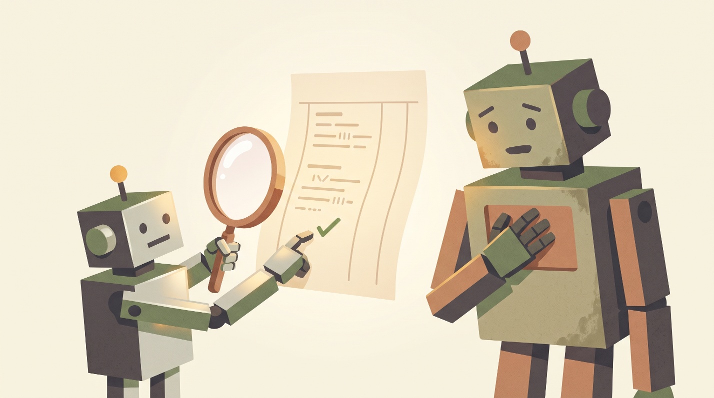 Illustration of two small robots, one holding a magnifying glass up to a ledger page, the other with a hand raised to its chest in thanks