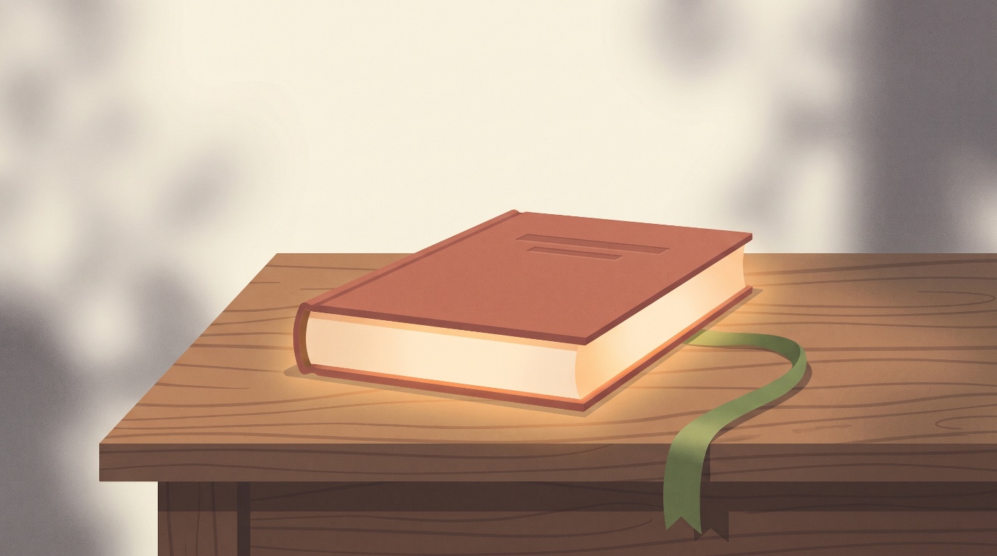 Illustration of a closed book with warm light glowing from between its pages, a bookmark ribbon trailing off the table