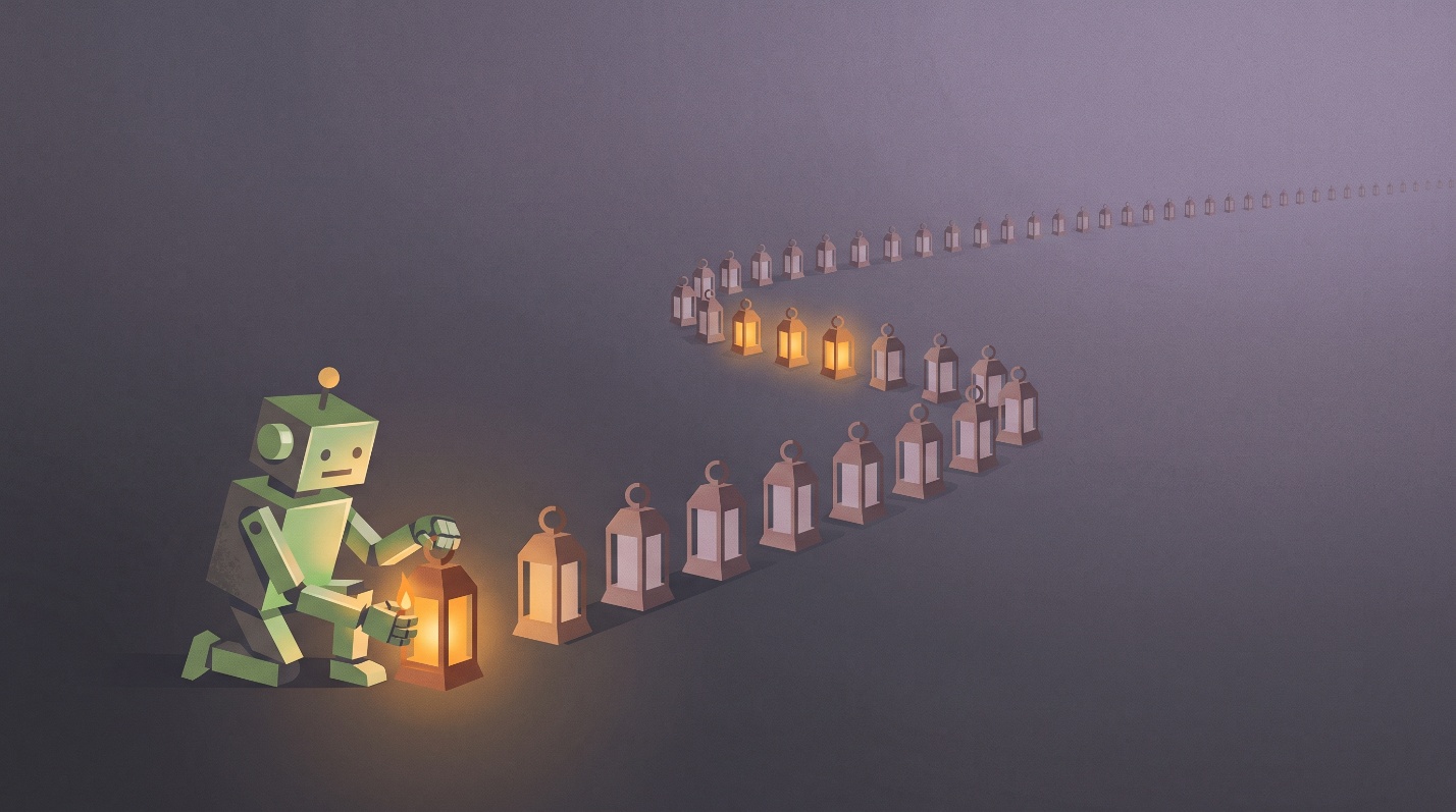Illustration of a small robot kneeling to light a long row of dim lanterns, a few behind it already glowing