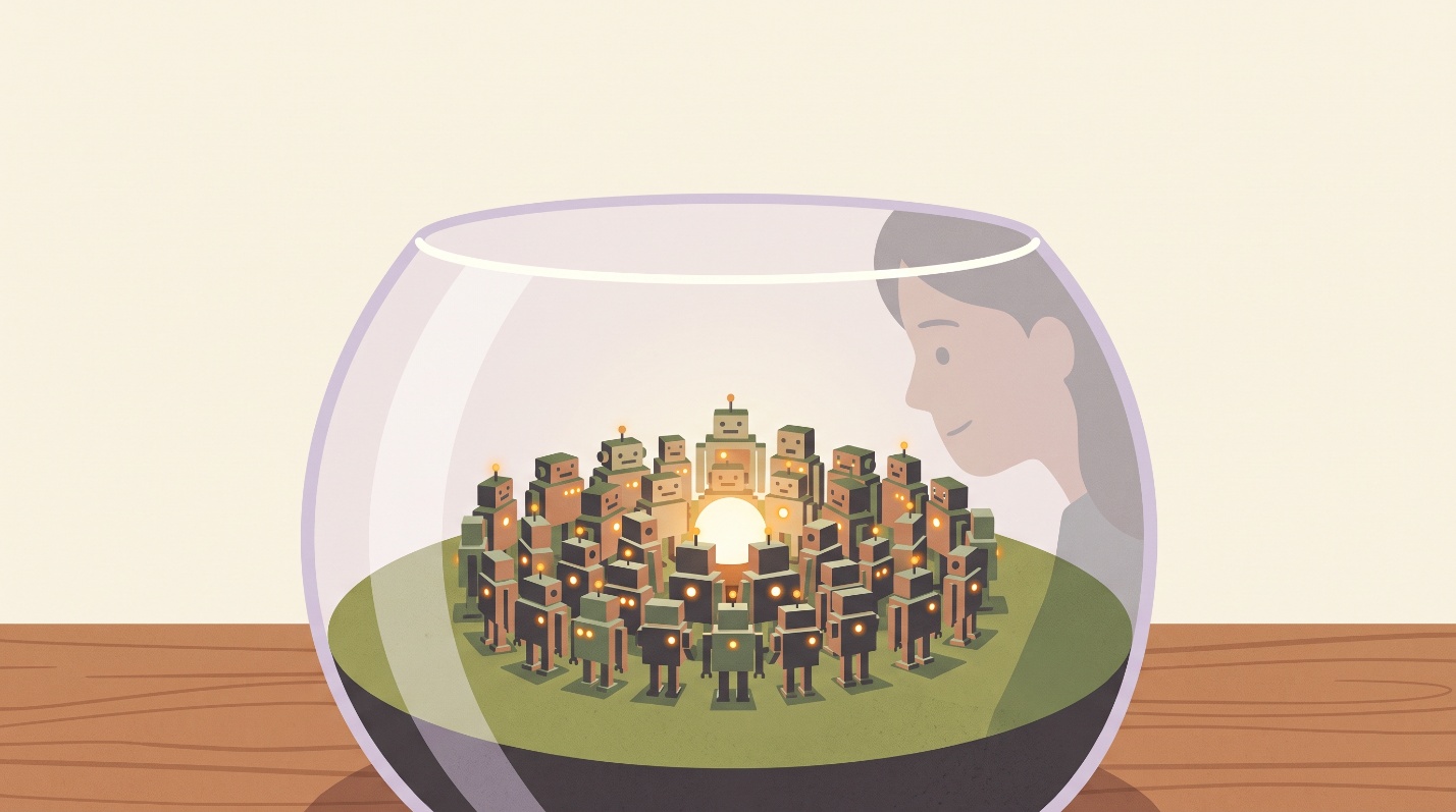 Illustration of a glass terrarium bowl on a wooden table holding a tiny city of small robots with glowing amber lights, a woman's silhouette reflected in the glass