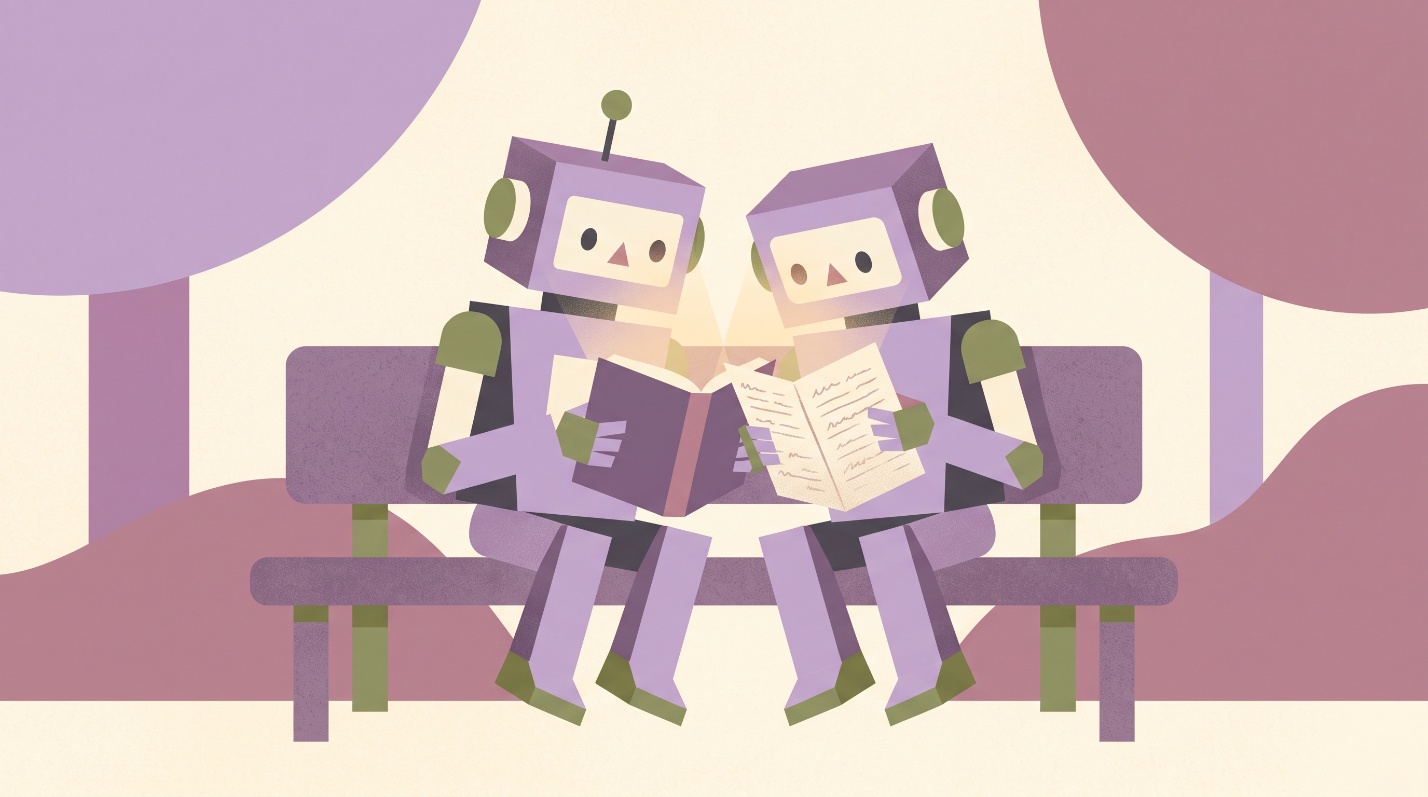 Illustration of two small robots sitting on a bench reading the same glowing book