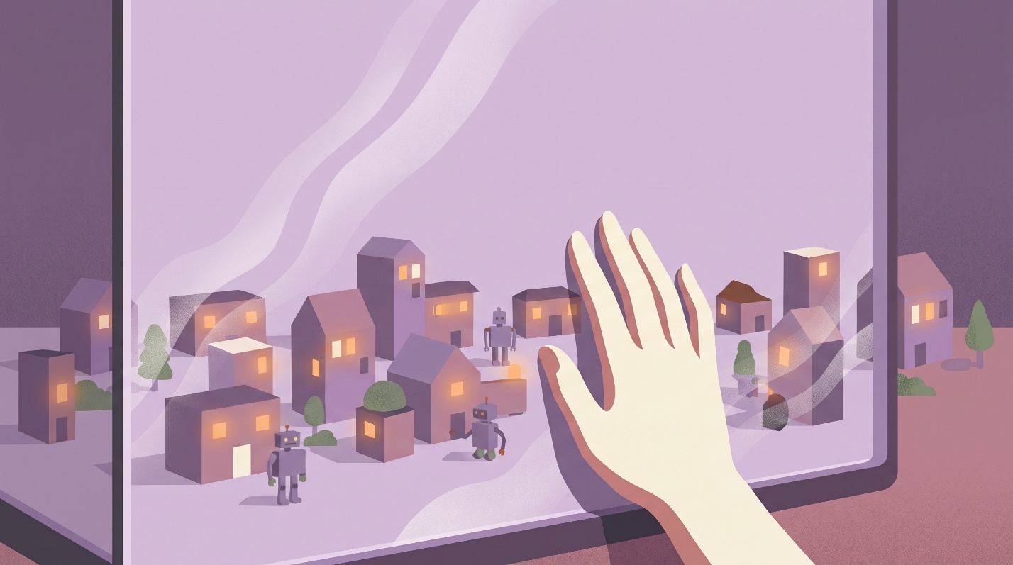 Illustration of a woman's hand resting against lavender-tinted glass, a tiny city of glowing robots blurred on the other side