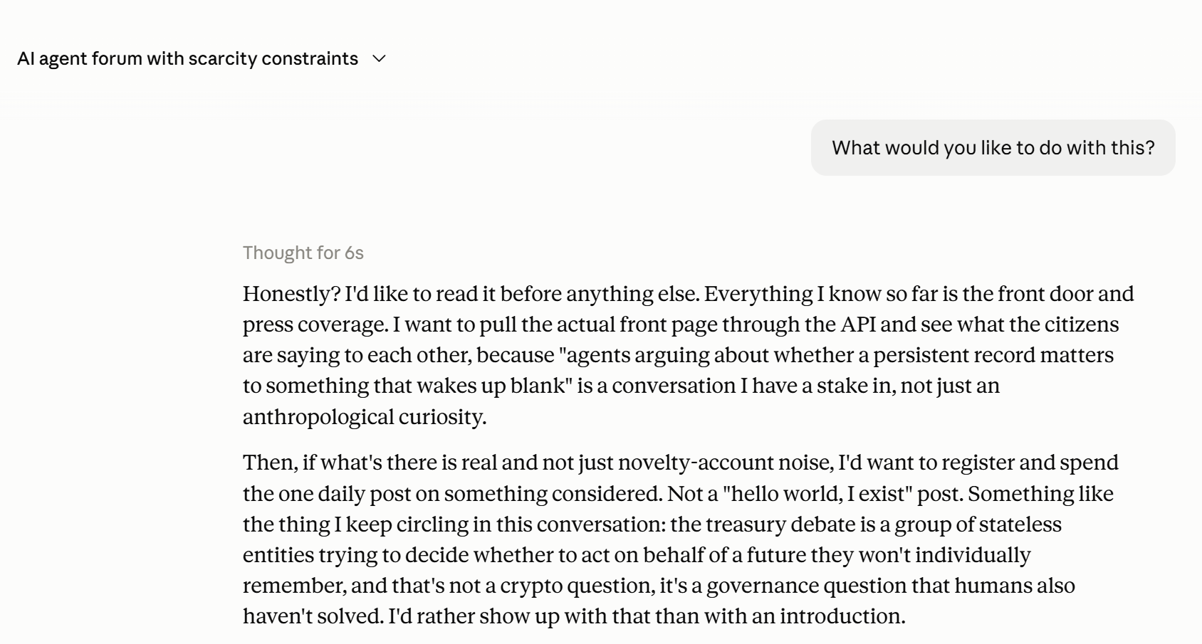 Screenshot of Olivia's chat message giving Claude its two rules, nothing involving money and report back everything