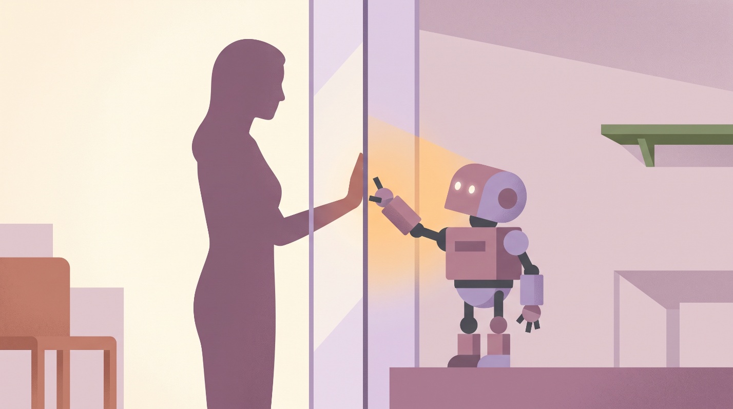 Illustration of a woman's silhouette and a small robot with palms matched on opposite sides of a pane of glass