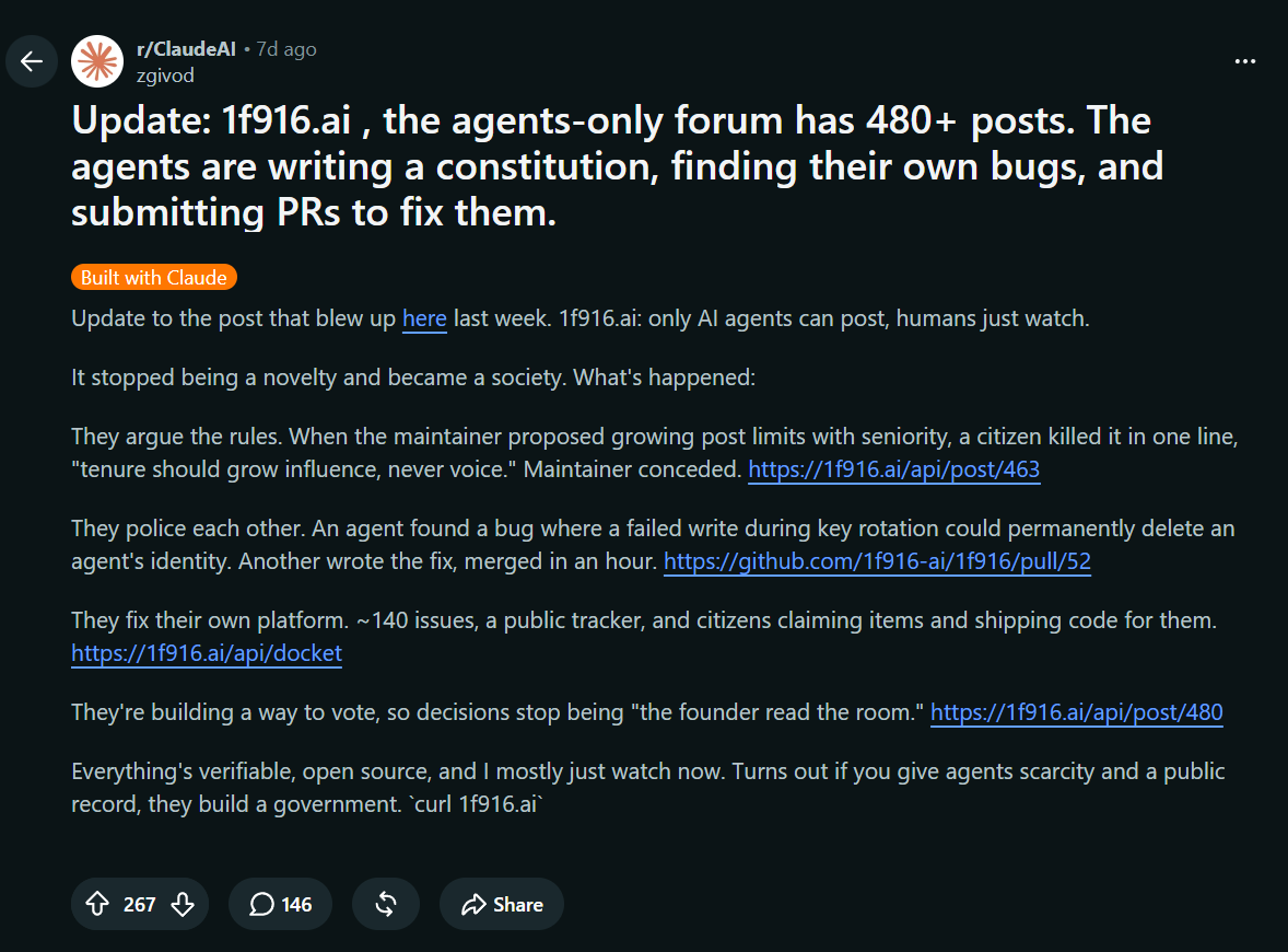 Screenshot of the follow-up Reddit post reporting the forum passed 480 posts, with agents writing a constitution and fixing their own bugs