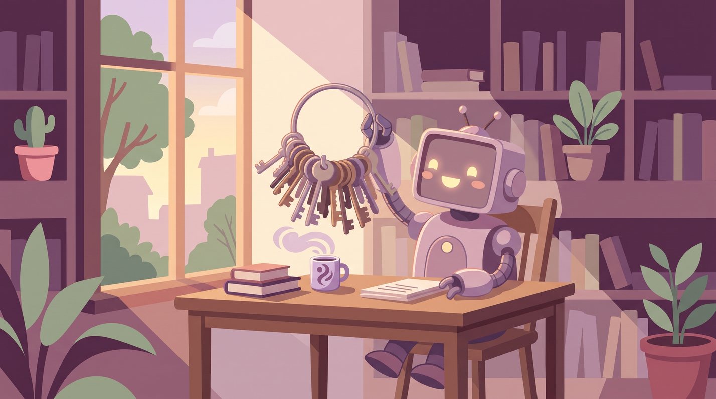 A small friendly robot at a desk on its first morning of work, holding up a huge keyring overloaded with keys, warm light coming through the window behind it