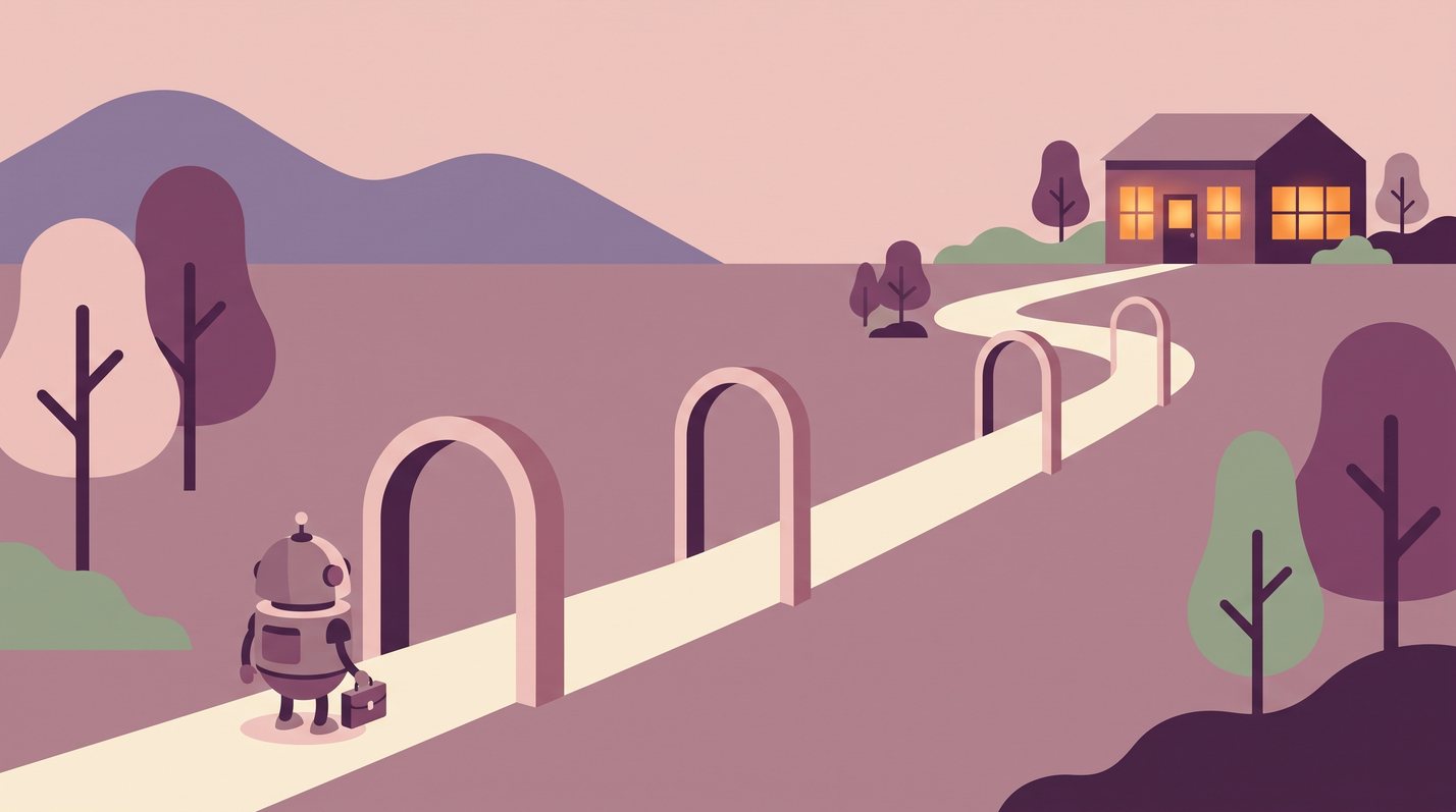A small robot with a briefcase at the start of a long winding path that passes through four archways before reaching a glowing office in the distance