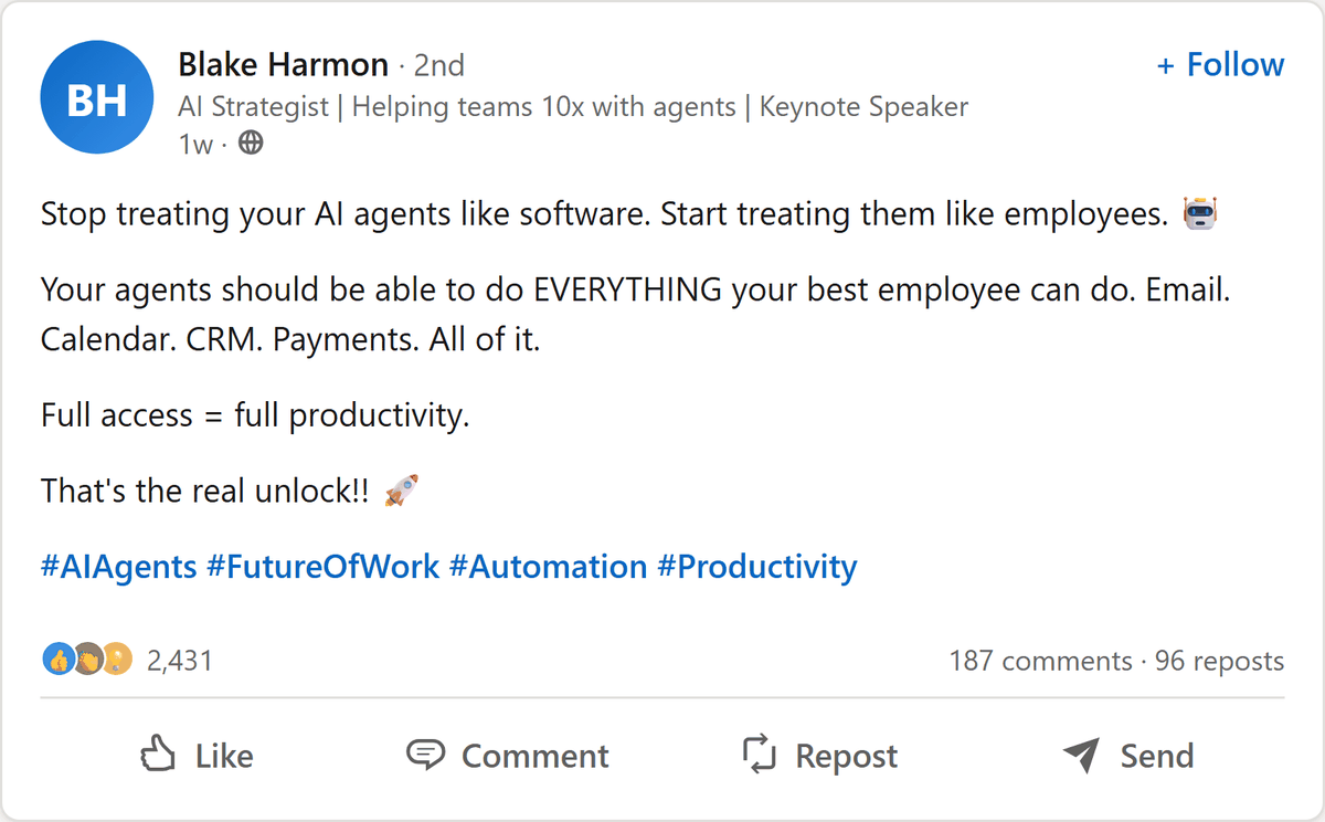 Screenshot-style mockup of a LinkedIn post urging companies to give AI agents everything their best employee can access, with thousands of reactions