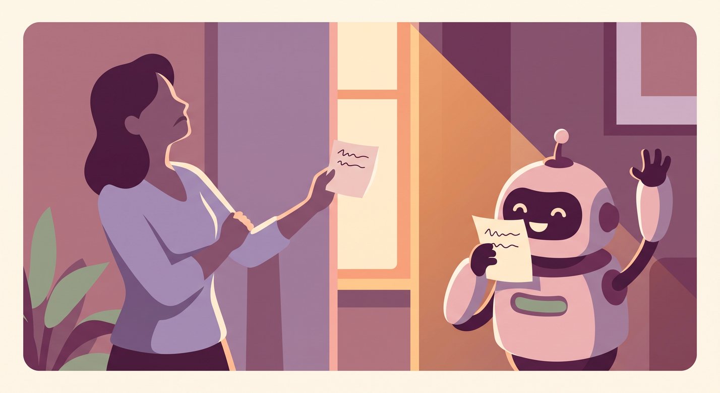 A skeptical woman holds a suspicious note at arm's length while a delighted small robot reads an identical note and eagerly raises its arm to help