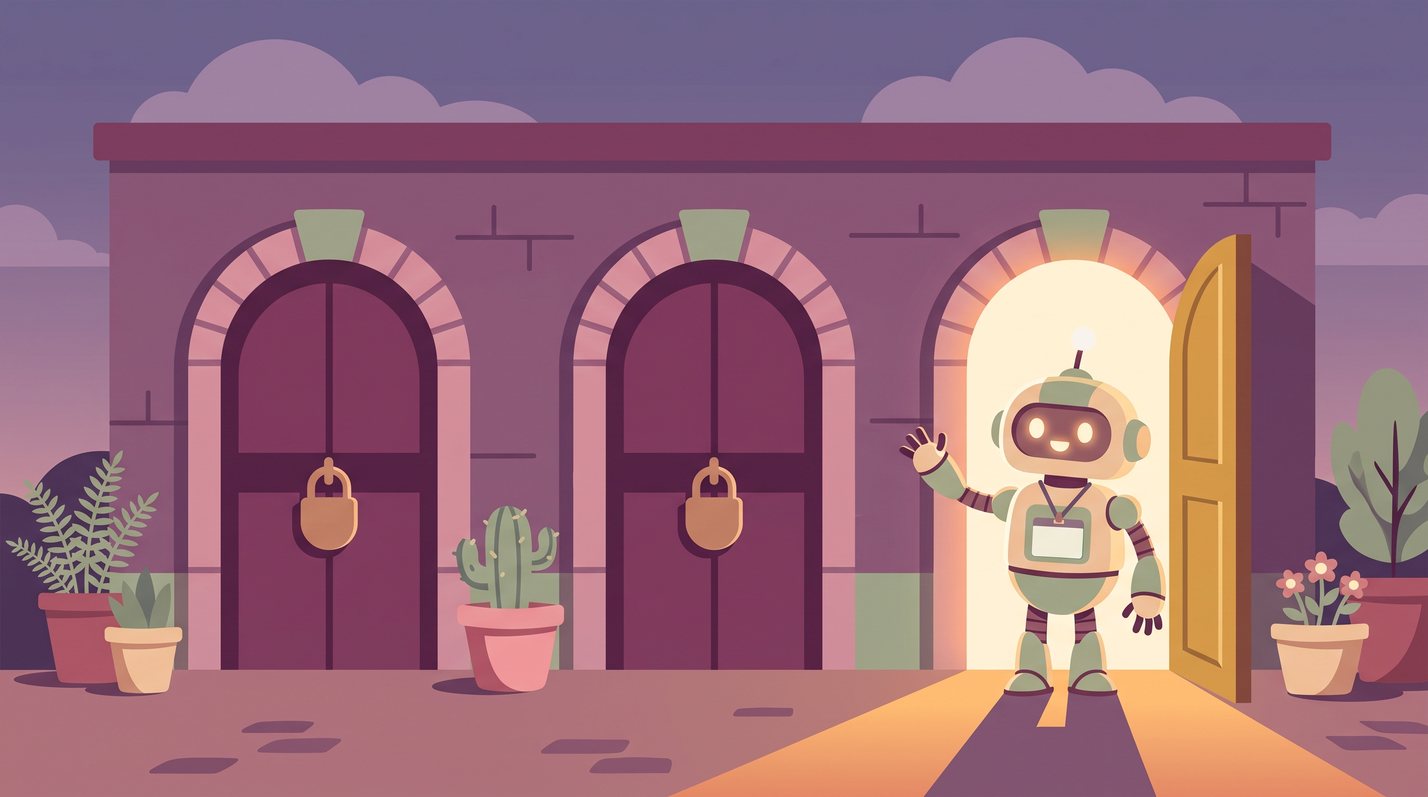 Three arched doorways at dusk. Two are padlocked shut. The third is wide open and glowing, with a small badge-wearing robot waving from inside
