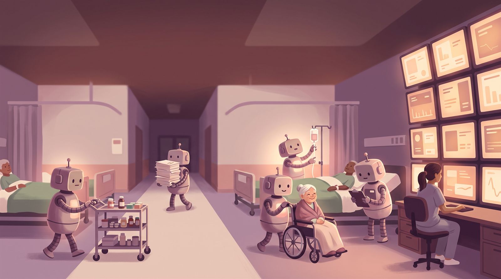 Illustration of a hospital ward at night where five small robots do the work while one woman sits alone at a desk facing a wall of glowing monitors
