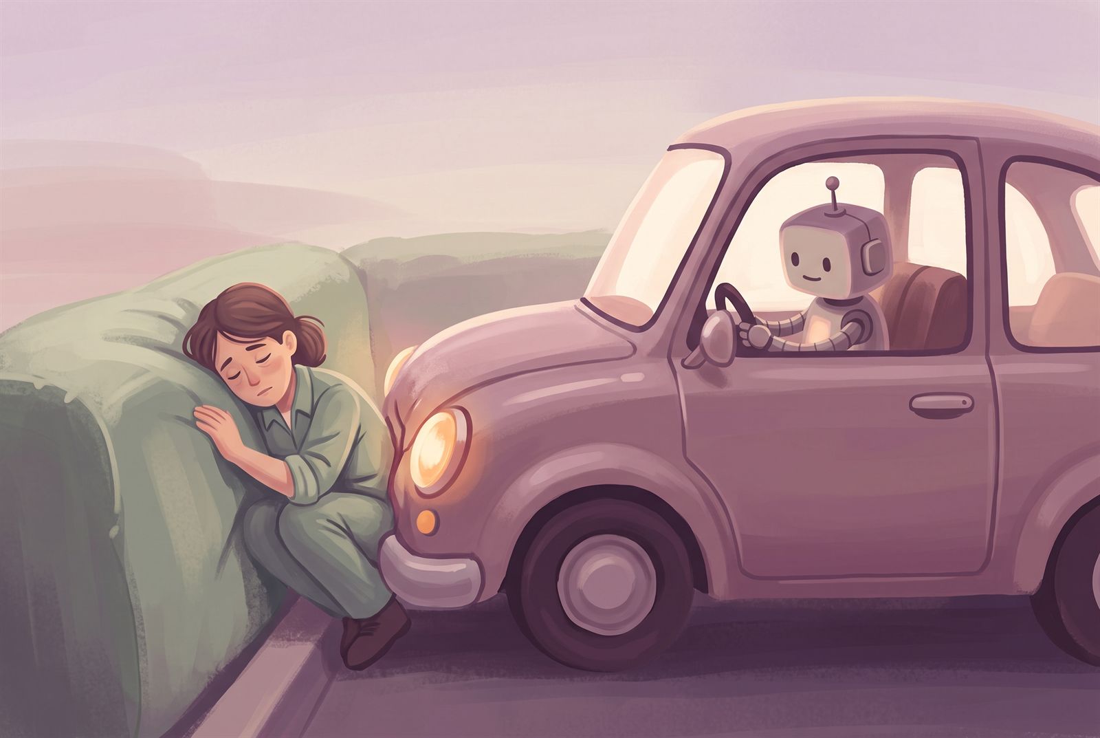 Illustration of a small car hitting a barrier. Instead of a crumple zone, a woman in a work shirt is folded up at the front absorbing the impact, while a small robot sits untouched in the driver's seat holding the wheel