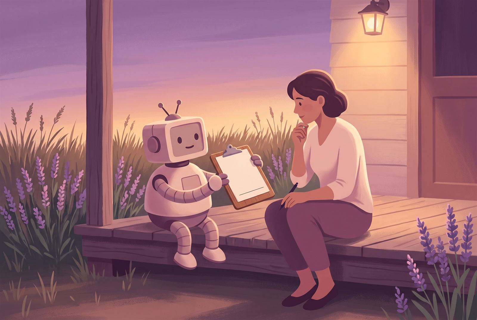 Illustration of a woman and a small robot sitting together on a porch step at dusk. The robot holds out a clipboard with a blank signature line and the woman holds a pen, not yet signing