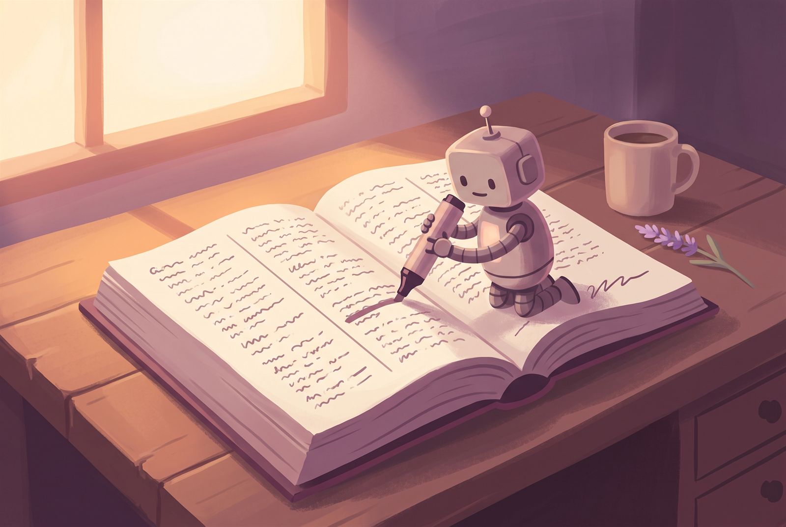 Illustration of a small robot kneeling on an open dictionary, crossing out an entry with a large marker and writing something new in the margin