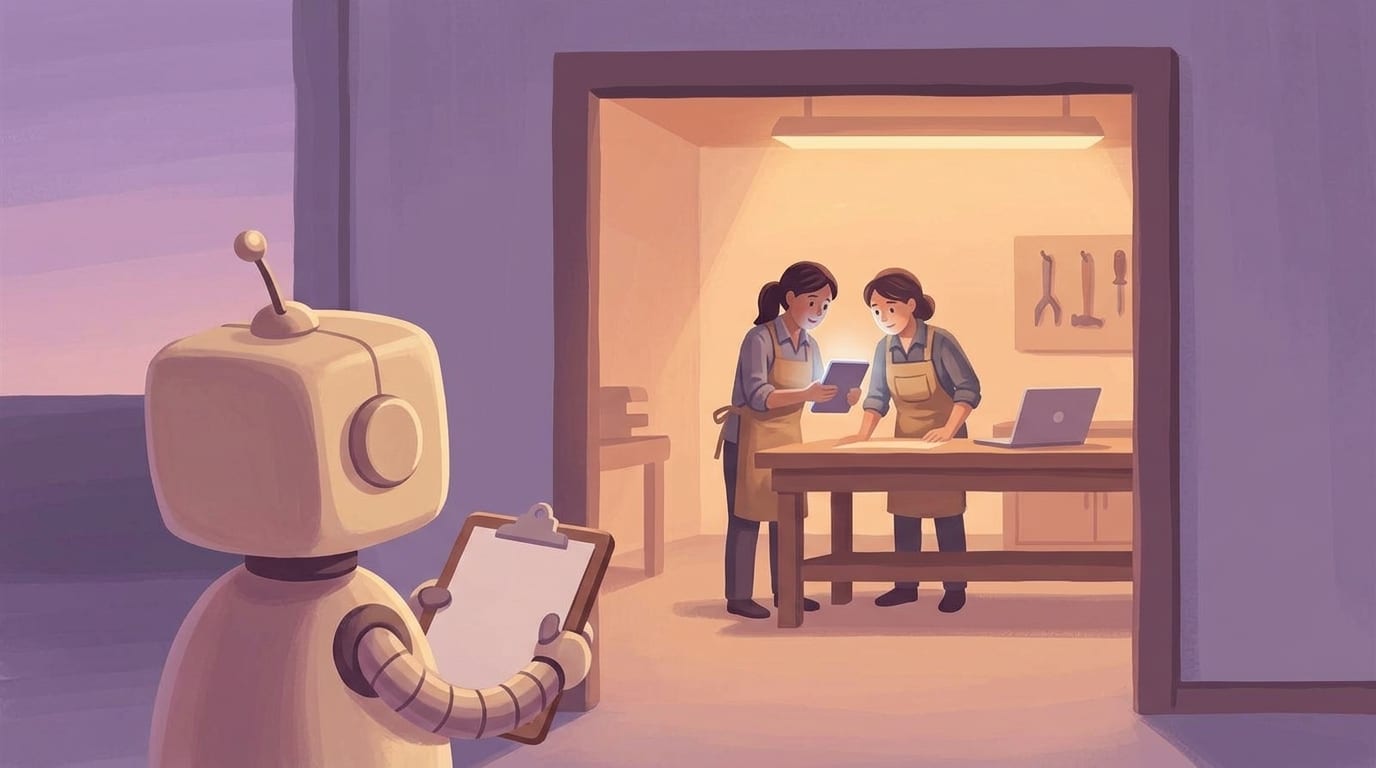 A small cream robot with round dot eyes stands in a doorway holding a clipboard, looking in at two women in aprons sharing a glowing tablet at a wooden workbench, painted in soft mauve, plum, and lavender with warm amber light