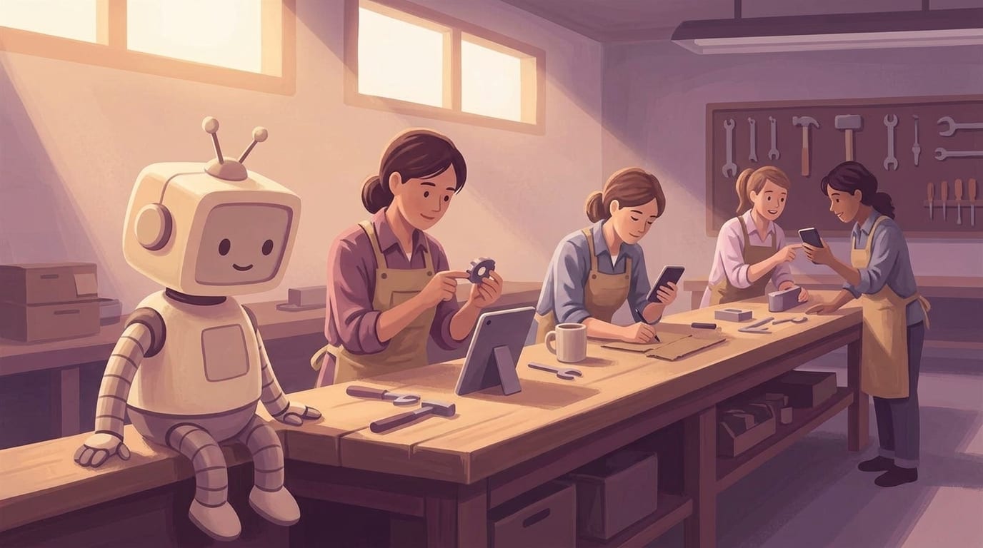 A small cream robot sits at the near end of a long workbench, watching women in canvas aprons work with phones and tablets among their tools, morning light from high windows, painted in soft mauve, plum, and lavender
