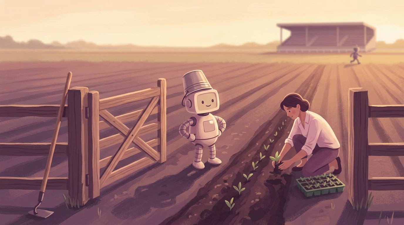 Illustration of a tilled field at golden hour, a woman kneeling to plant seedlings from a tray, a small robot standing beside her with a feed bucket on its head, and far in the background an empty racetrack grandstand with one lone robot still running the far turn