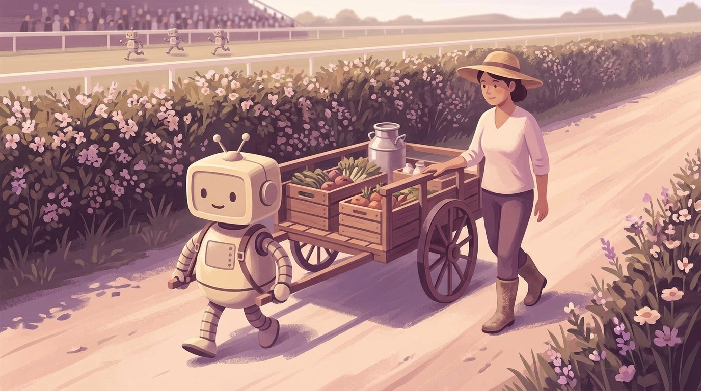 Illustration of a small robot pulling a wooden cart of vegetables and a milk can down a country lane lined with lavender, a woman in a straw hat walking beside it, while far behind them tiny robots race around a track in front of a crowded grandstand