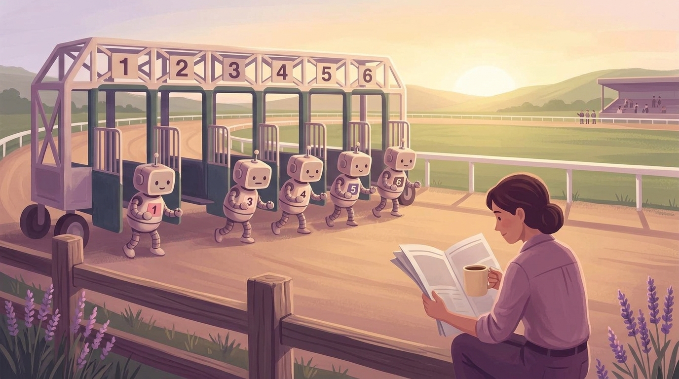 Illustration of a racetrack starting gate at sunrise with a row of small robots wearing numbered saddle cloths ready to run, while a woman sits on the fence rail in the foreground with her back to them, reading a newspaper with a coffee