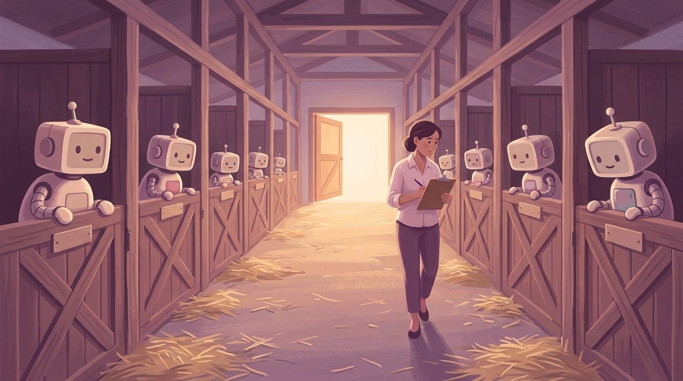 Illustration of a horse barn aisle with a small robot looking out over each stall door, blank name plates on the doors, and a woman walking down the middle with a clipboard and pencil