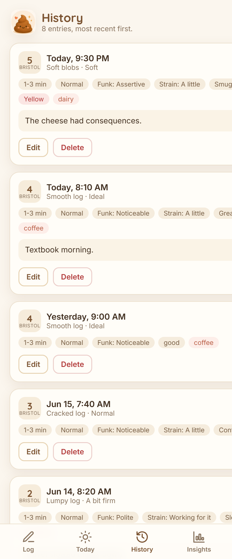 History tab listing past entries with Bristol badges, color dots, tags, and notes