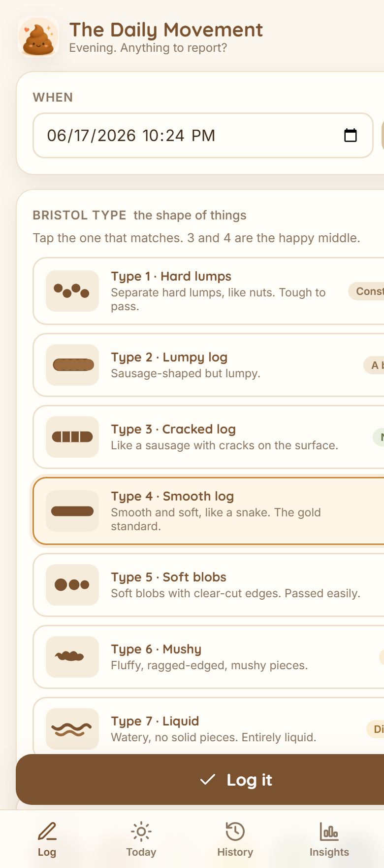 The Daily Movement log screen showing the Bristol Stool Scale with type 4 selected