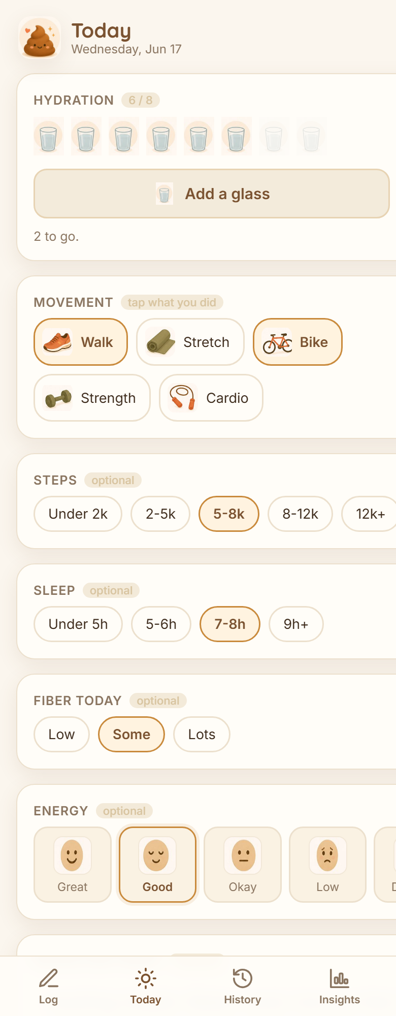 Today tab showing hydration glasses, movement, steps, sleep, fiber, and energy
