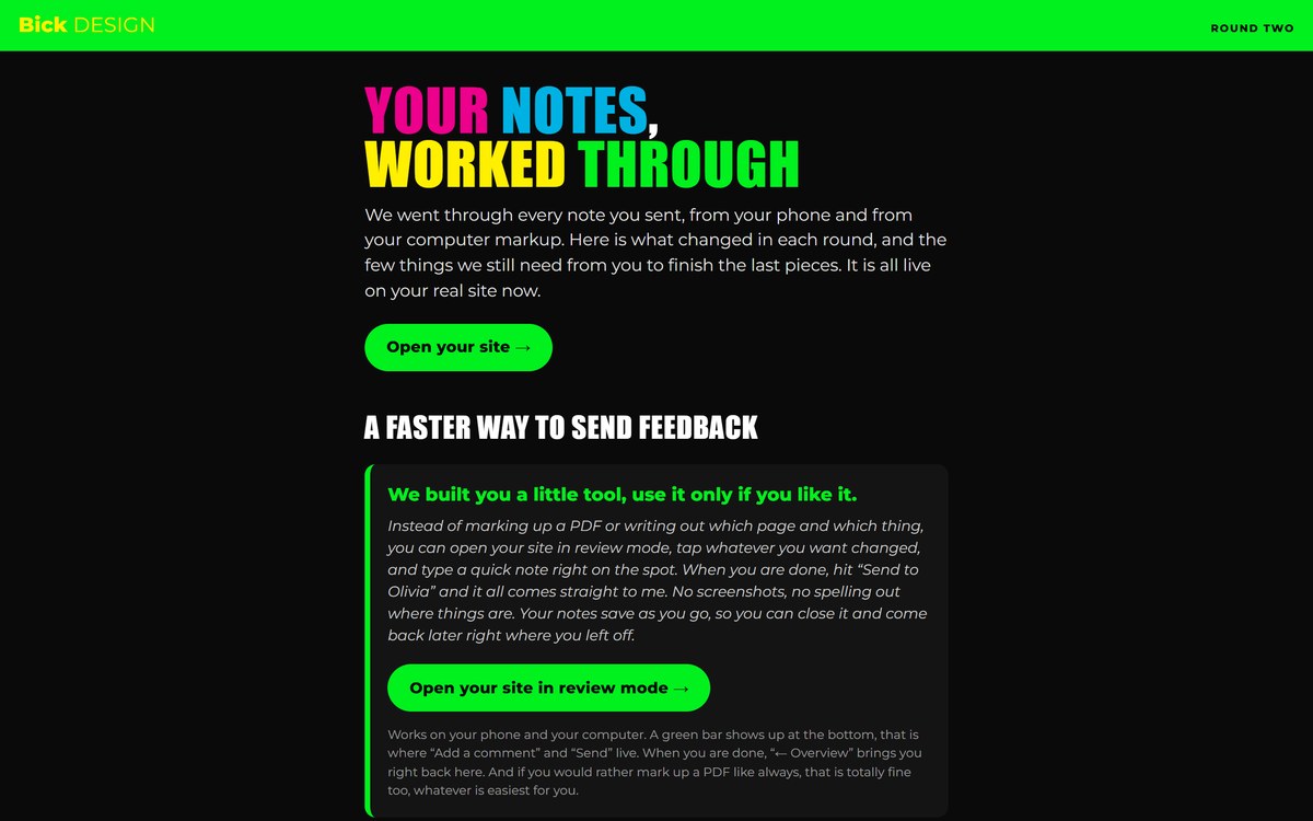 An art director review page in loud neon green on black.