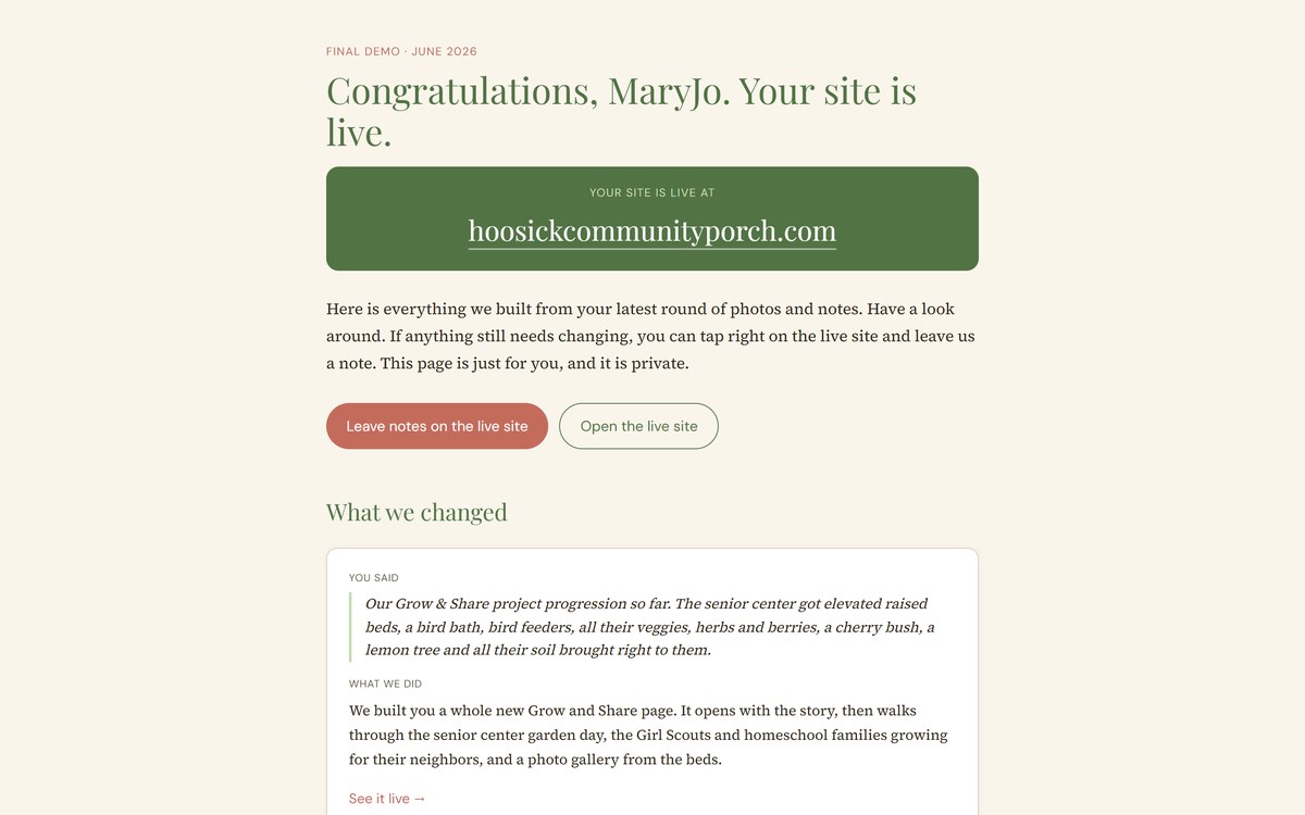 A community nonprofit review page on warm cream paper with soft serif headlines and moss green buttons.