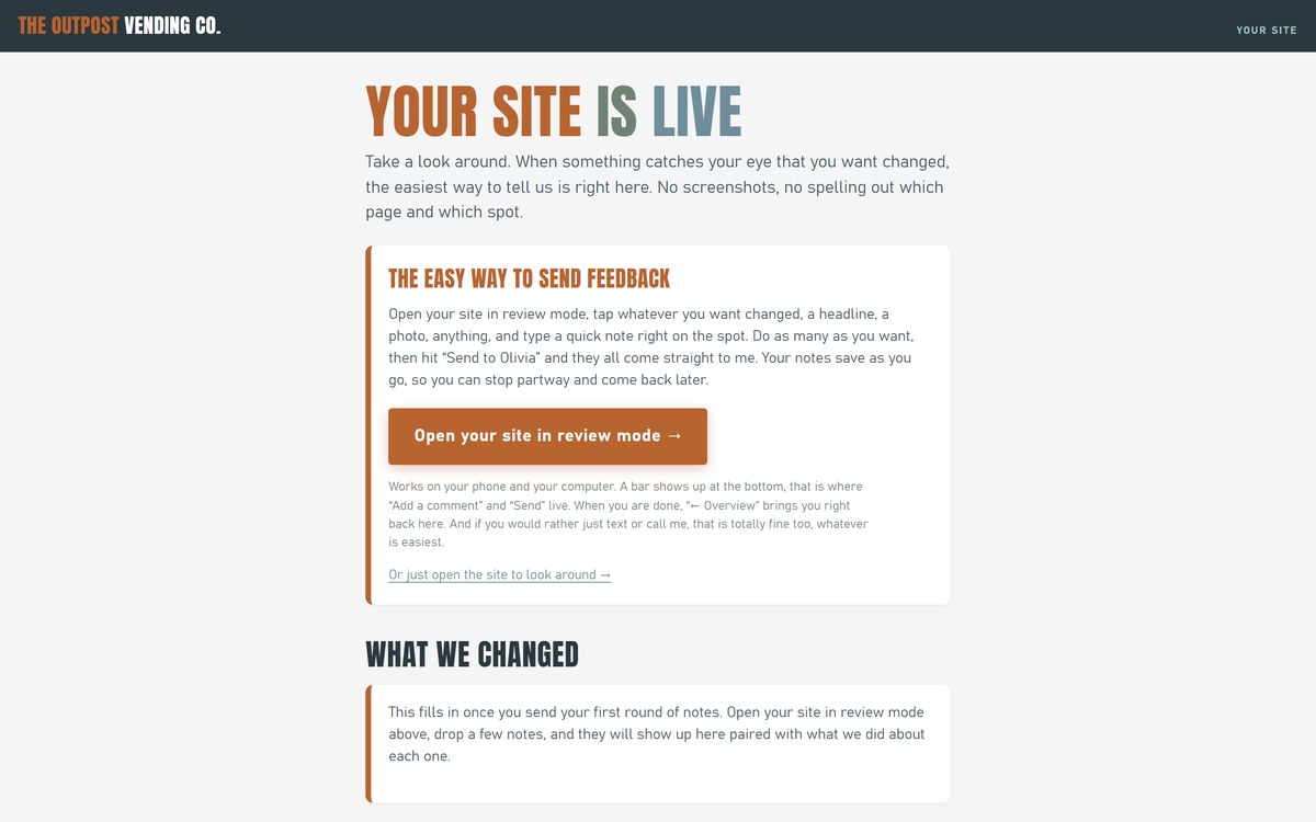 A vending company review page on a dark slate background with bold condensed type.