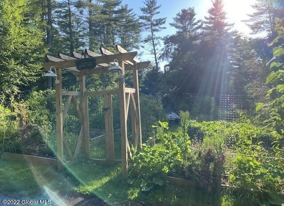 A wooden garden arbor on the homestead, sunlight filtering through tall pines onto raised beds full of summer growth.