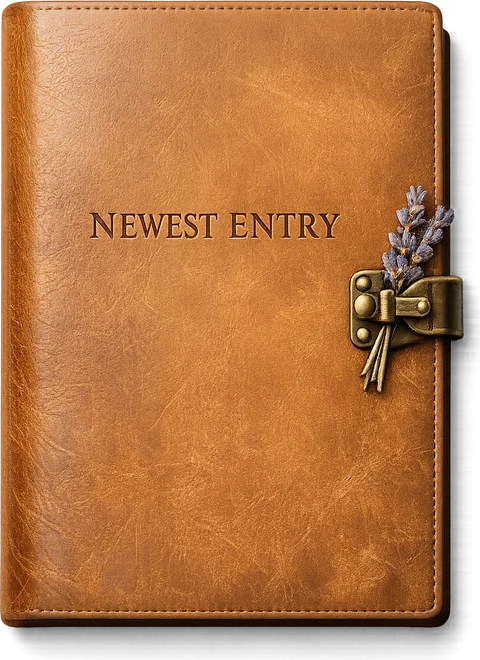 A closed leather journal embossed Newest Entry, with a brass clasp and a sprig of dried lavender.