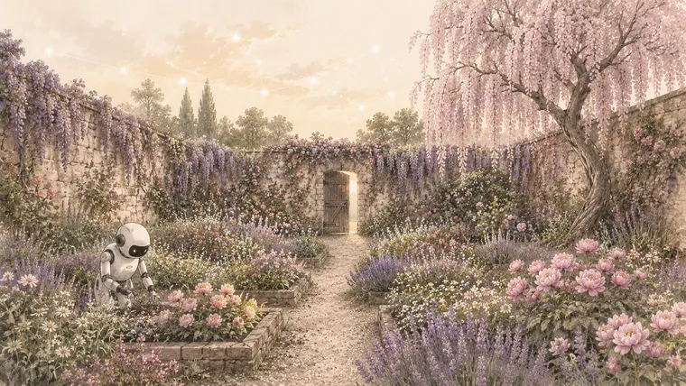 A walled wisteria garden at golden hour where a small robot tends the flower beds beside an open doorway.