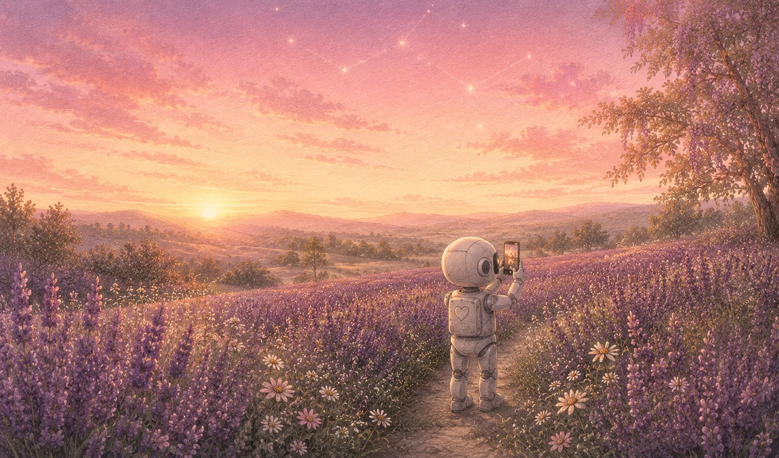 A small robot standing on a path through a lavender field at sunset, holding up a phone to take a photo.