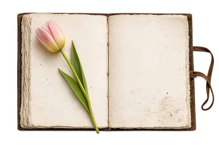 An open handmade journal with deckled pages and a single pink tulip resting across it.
