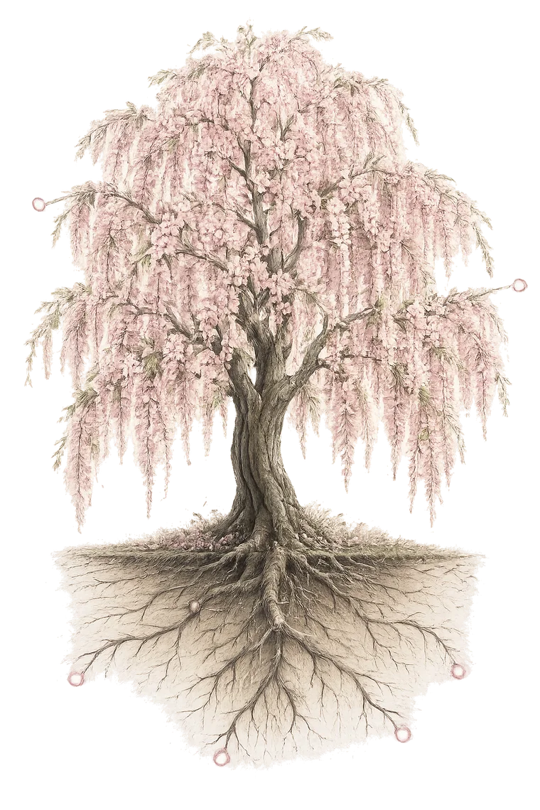 A flowering weeping cherry tree with its root system visible below the soil line, nodes marked along the roots.
