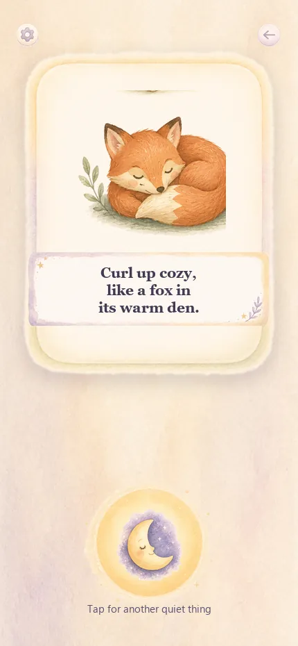 A mission card with a painted sleeping fox and the words Curl up cozy, like a fox in its warm den